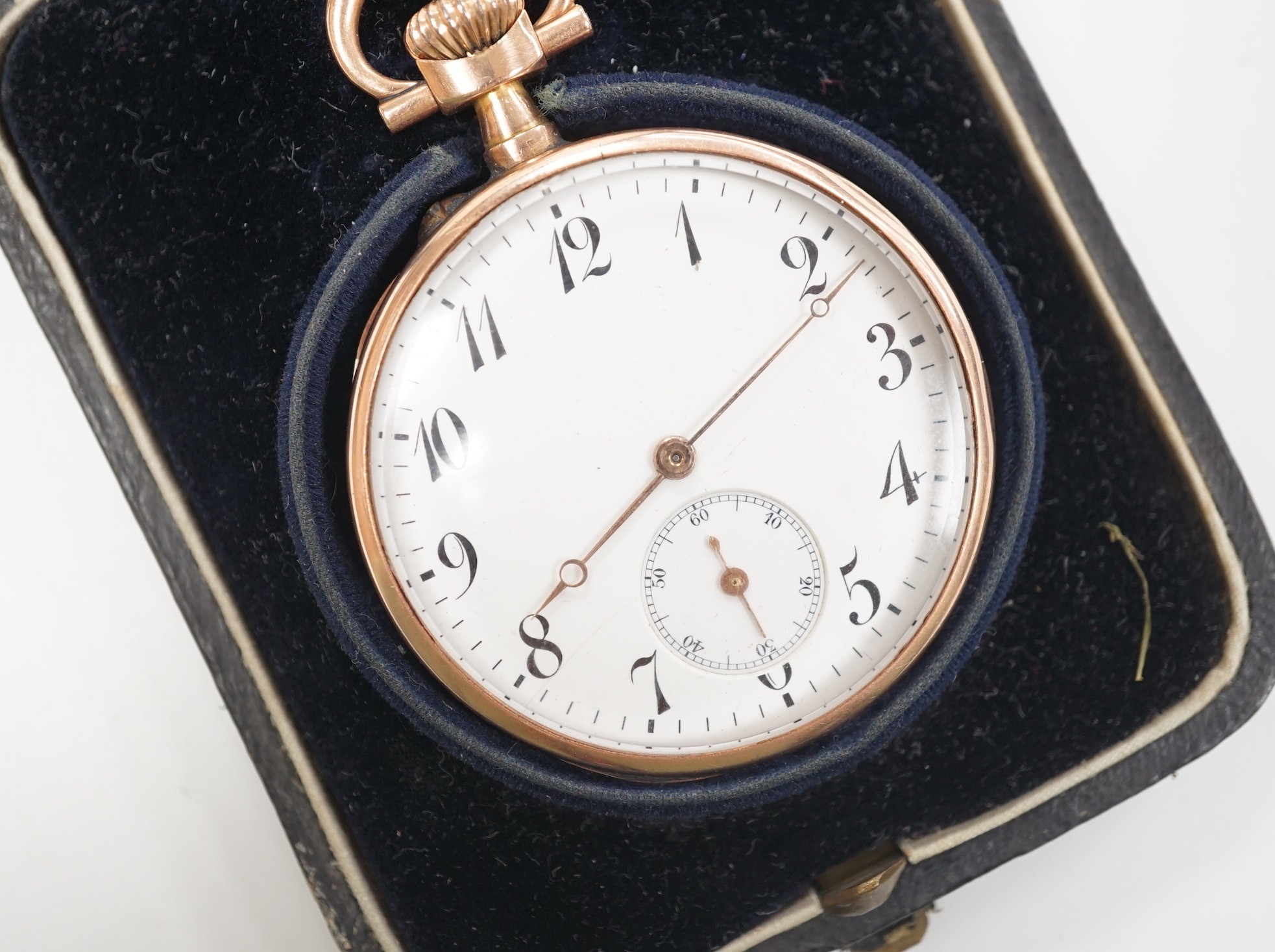 A late 19th century Swiss 935 white metal, gold plated and black enamel keyless lever open face pocket watch, in fitted case.